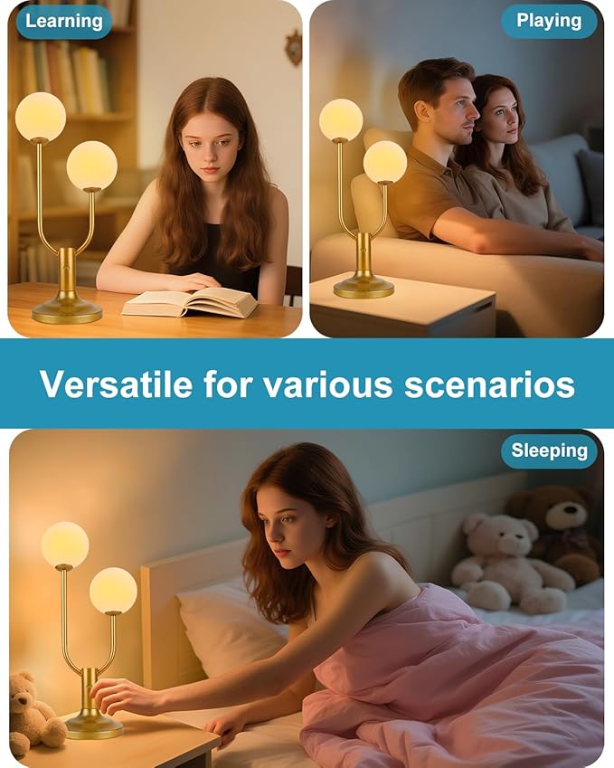 Gold Globe Table Lamp for Bedroom 2-Light Mid Century Modern Desk Lamp for Reading 3000K Warmwhite Dimmable Bedside Lamps Nightstand Lamp (G9 Bulb Included)