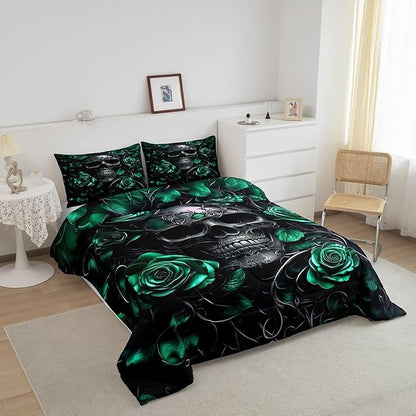 Erosebridal Adults Gothic Comforter Set Bohemian Boho Goth Toddler Bedding Set Vintage Horror Skull Bed Sets Sage Green Rose Baroque Victorian Romantic Rose Duvet Insert,Halloween Gothic Decor