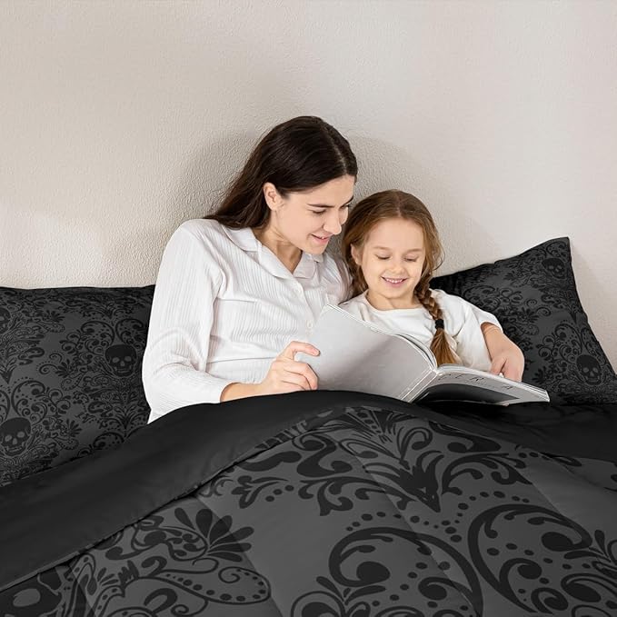 Feelyou Adults Gothic Skull Bedding Set Queen Size Kids Damask Print Comforter Goth Bohemian Duvet Breathable Soft Lightweight Microfiber Dark Olive Green Room Decor with 2 Pillowcases