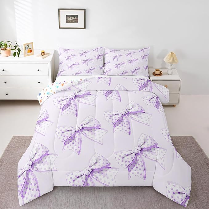 Erosebridal Cartoon Dot Bow Girls Toddler Bedding Set Purple Princess Bowknot Comforter Set Cute Kawaii Butterfly Knot Bedding Comforter Sets for Kids Teen Women,Dreamy Coquette Bow Bed Set