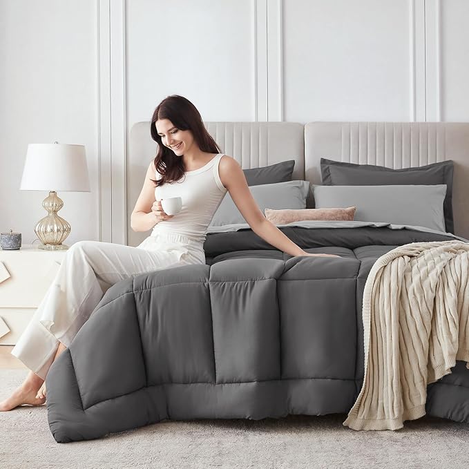 Sasttie Twin XL Comforter Set, 5 Pieces Twin XL Bed in a Bag, Complete Bedding Set Includes Comforter, Flat Sheet, Fitted Sheet, Pillowcase and Pillow Sham, Dark Grey & Light Grey