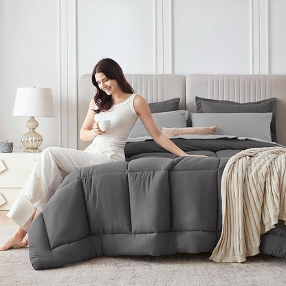 Sasttie Twin XL Comforter Set, 5 Pieces Twin XL Bed in a Bag, Complete Bedding Set Includes Comforter, Flat Sheet, Fitted Sheet, Pillowcase and Pillow Sham, Dark Grey & Light Grey