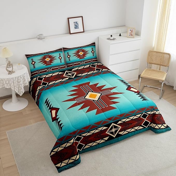 Southwest Comforter Set Twin Size,Geometric Aztec Tribal Striped Print Quilt Set Rustic Western Bedding Set for Kids Girls Boys Teens Room Decor,Adult Retro Turquoise Red Duvet Insert,1 Pillowcase