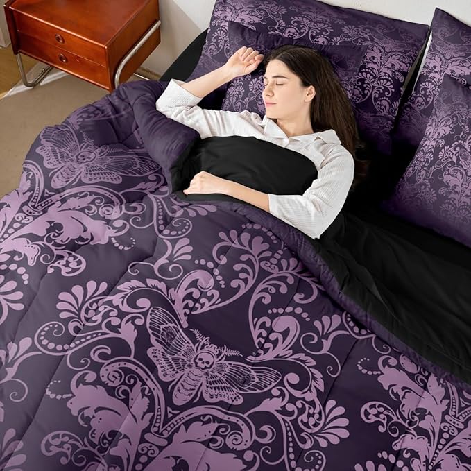 Erosebridal Gothic Damask Bed in a Bag King Size Comforter Set 7 Pieces,Exotic Moth Bedding Sets Purple Victorian Floral Goth Sheet Set with Comforter
