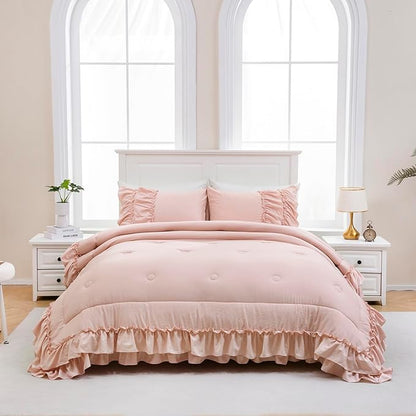 Pink Bedding Comfrter Queen Boho Ruffle Comforter Set Shabby Chic Bedding 2 Layers Ruffles Home Decor Farmhouse Bed Comforter 1 Comforter 2 Pillowcases (Blush, Queen)
