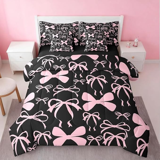 Feelyou Bow Bedding Set for All Season Boys Girls King Size Black Pink Girls Bow 7 Pieces Comforter Sets Women Men Cute Bowknot Bed in a Bag with Comforter, Sheets, Pillowcases & Cushion Cover
