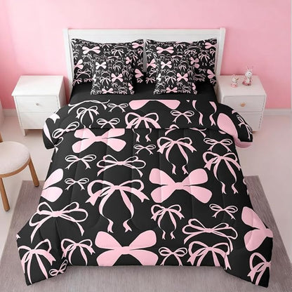 Feelyou Bow Bedding Set for All Season Boys Girls King Size Black Pink Girls Bow 7 Pieces Comforter Sets Women Men Cute Bowknot Bed in a Bag with Comforter, Sheets, Pillowcases & Cushion Cover