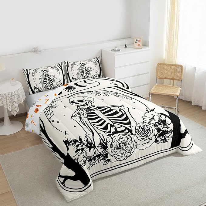 Erosebridal Halloween Gothic Skull Comforter Set Queen, Goth Skeleton Bedding Set for Kids Teens Youth Women Men Vintage Halloween Decor, Gothic Floral Comforter, Sun and Moon Quilt