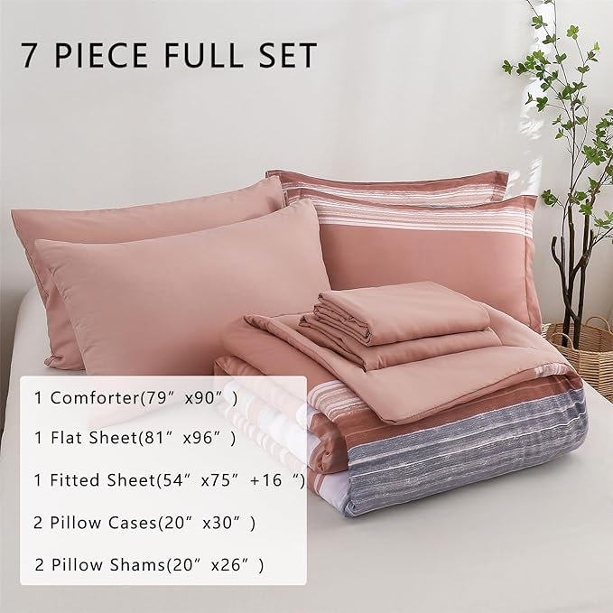 KAKIJUMN 7 Piece Bed in a Bag Stripe Comforter Set Full Size, White Grey Blush Pink Patchwork Striped Comforter and Sheet Set, All Season Soft Microfiber Complete Bedding Sets(Pink,Full)