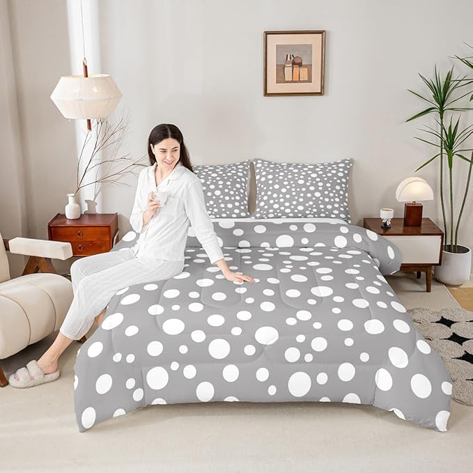 Manfei White Polka Dots Comforter Set Queen Size,French Style Cute Dots Print Bedding Set for Teens Adults,Simple Gray White Geometric Circles Comforter,3 Pcs 2 Pillowcases
