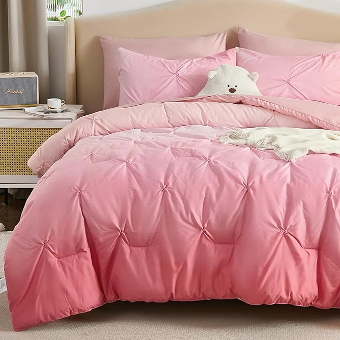 Dinjoy Ombre Comforter Set Twin Size, 5-Piece Bed in a Bag for Kid Teen, Pintuck Colorful Rainbow Bedding Sets with Comforter, Flat Sheet, Fitted Sheet and Pillowcases & Shams, Pink