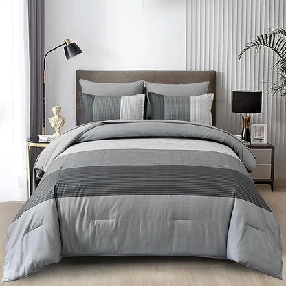WONGS BEDDING Grey Comforter Set Queen, Reversible Grey Striped Patchwork Down Alternative Comforter for Queen Bed,3 Pieces (1 Comforter+2 Pillowcases), Boho Soft Microfiber Bedding Set 90"×90"