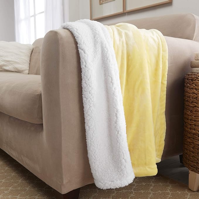 Genteele Sherpa Throw Blanket Super Soft Reversible Ultra Luxurious Plush Blanket, 50 x 60 inches, Yellow/White