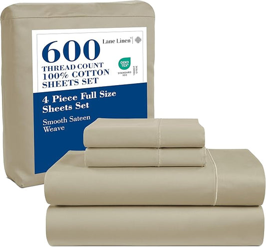 LANE LINEN 600 Thread Count 100% Mercerized Cotton Full Bed Sheets Set, Ultra Soft Sateen Weave Fully Elasticized Fitted, Soft & Comfy Natural Cooling Full Sheet & Pillowcase Set - Linen