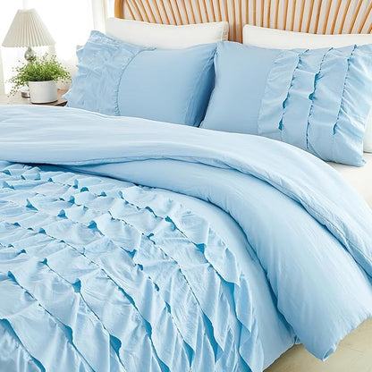 PERFEMET Ruffles Comforter Set 3 Pieces Light Blue Twin Comforter Set Shabby Chic Bedding Sets for Women Teen Girls Fluffy for All Season