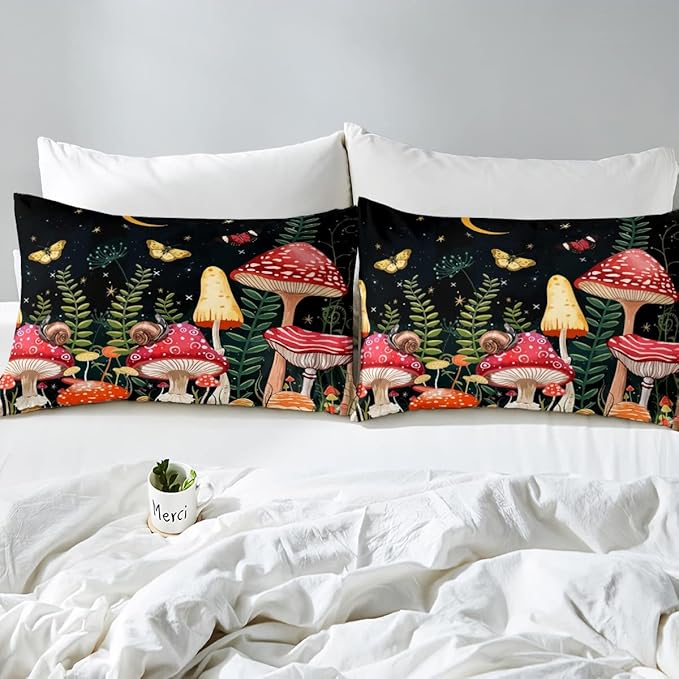 Feelyou Kids Mushroom Bedding Set Natural Wild Fungus Comforter Set for Kids Boys Girls Botanical Plants Duvet Set Butterfly Comforter 1 Comforter Set with 2 Pillowcases King Size
