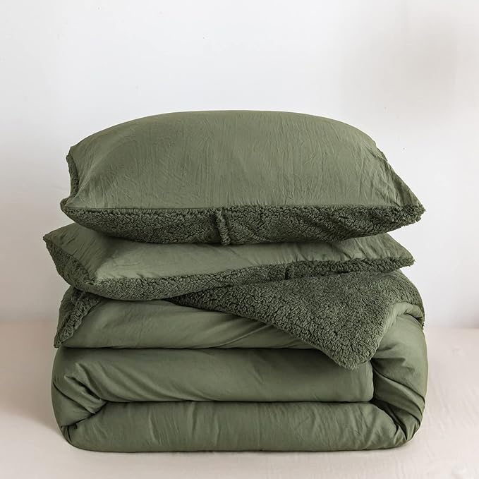 COTTEBED King Comforter Set - Soft Sherpa Down Alternative with Pillowshams, Washable (Olive Green)