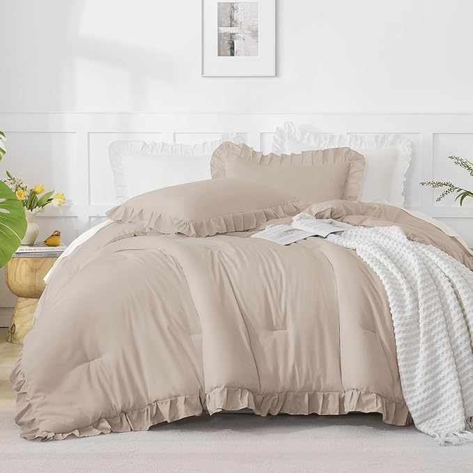 Andency Oversized King Comforter Set 128x120, 3 Pieces Khaki Ruffle Shabby Chic Famhouse Bedding Set for Women, Lightweight Fluffy Super King Plus Bed Set for Girls