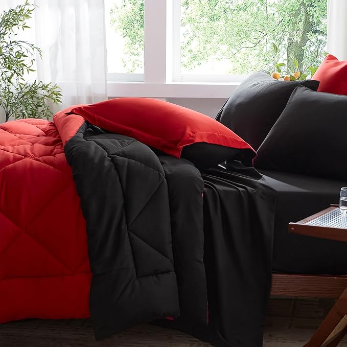 Anluoer Queen Comforter Set -7 Pieces Bed in a Bag Queen Size, Reversible Bed Set with 1 Comforter(88"*88"), 2 Pillow Shams, 2 Pillowcases, 1 Flat Sheet, 1 Fitted Sheet, Red & Black