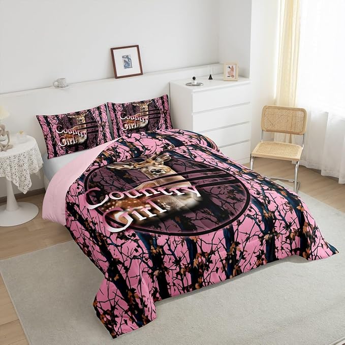 Erosebridal Hunting Deer Twin Comforter Set,Pink Camo Rustic Bedding Sets for Girls Boys Kids,Cabin Lodge Farmhouse Quilt Bed Set,Camouflage Hunter Room Decor with 1 Pillowcase,Lightweight