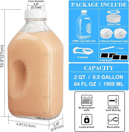 3 Pack 2 Qt Glass Water Bottles with Handle and Airtight Reusable SCREW LID - 64 Oz Juice Jugs, 1/2 Gallon Glass Milk Container for Fridge, Breast Milk Jug Pitcher with 2 Spouts, Extra Lids & Handles