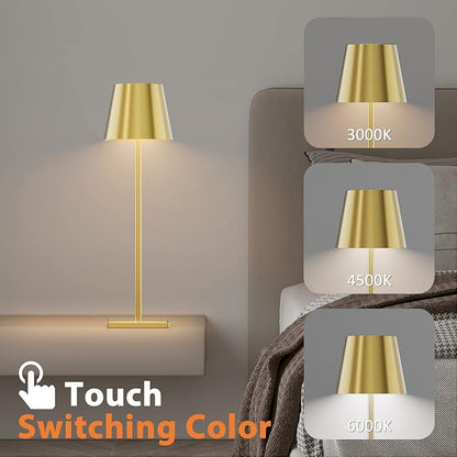 Gold Cordless Table Lamp, 5500mAh Battery Powered Table Light Brass, 3 Color Temperatures Stepless Dimmable Rechargeable Table Lamps for Outdoor Restaurant Bedroom 1 Pack