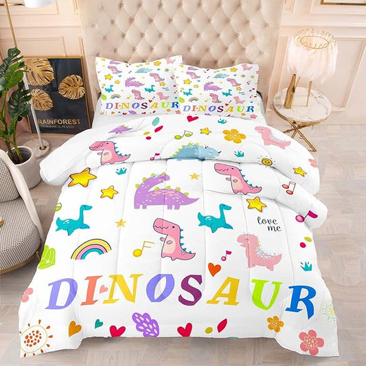 Tailor Shop Twin Bedding Sets for Boys Kids,Dinosaurs Girls Comforter Sets,Cartoon Dinosaurs Bedding Sets,White Lovely Dino Bedding Set,All Season,with 1 Comforter 1 Pillowcase……
