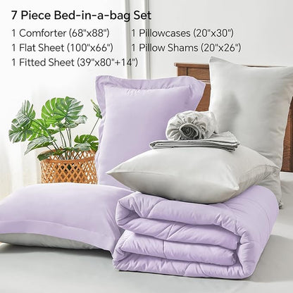 BEDELITE Twin XL Comforter Set 5 Pieces Bed in A Bag - Soft Microfiber Reversible Twin Extra Long Lavender Bed Set with Comforters, Sheets, Pillowcase & Sham, Cozy Bedding Sets for College Dorm Room