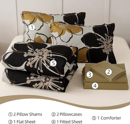 Anibedding 7 Pieces Floral Comforter Set King Size, Brown Black Flower Bedding Set Botanical Bed in a Bag Soft Microfiber Comforter Set with Sheets for All Season