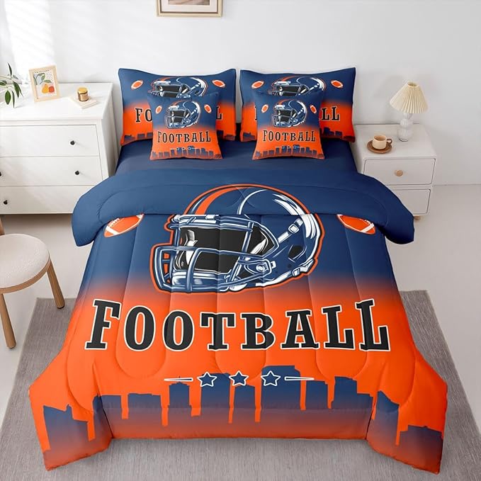 Erosebridal American Soccer King Boys 7 Pcs Bedding Set Sports Rugby Blue Orange Comforter Set with Sheets for Kids Teen Adults,Football City Bed in A Bag Ball Sports City Silhouette Bed Set