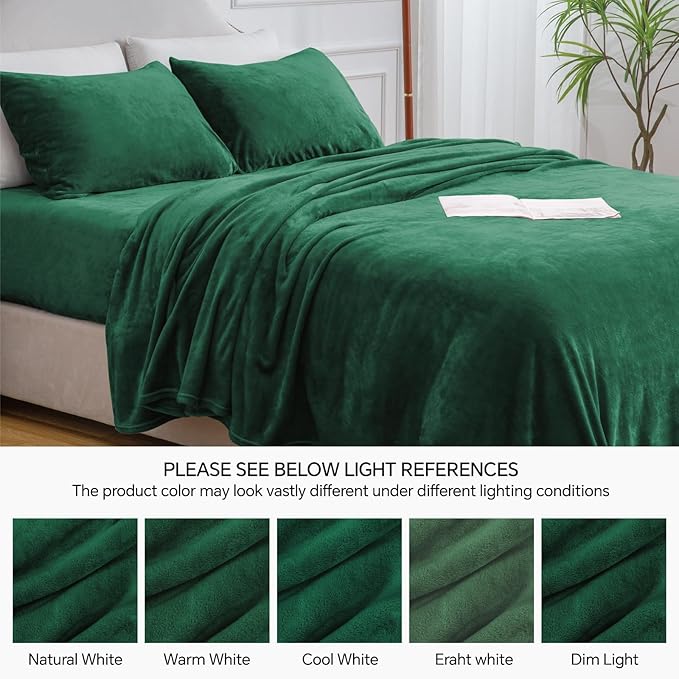 BEDELITE Flannel Sheets Twin Size Dark Green - Super Soft Fleece Sheets Set Fluffy Extra Plush, 3 Piece(Include Fitted Sheet, Flat Sheet, 1 Pillowcase)