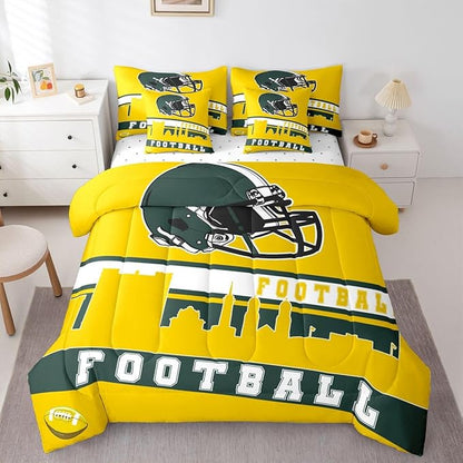 Erosebridal Football 7 Pcs Comforter Set Full Football Fans Bedding for Boys Girls Football City Sheet Set Bed in A Bag Yellow Rugby Competition Room Decor Sports Ball Game Quilt