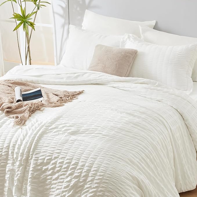 CozyLux King Size Comforter Set Ivory Seersucker 7 Pieces Bed in a Bag King Comforter Set with Sheets, Luxury Soft Bedding Set with Down Alternative Comforter, Sheets, Pillowcases & Shams All Seasons