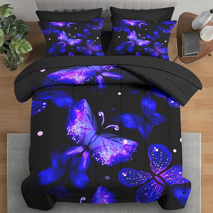 Comforter Set King Size, Purple Blue Galaxy 7 Pcs Bedding for Kids and Adults, Butterfly Flower Summer Bed Sheet Sets with Fitted Sheet 2 Pillowcases & 2 Shams for Bedroom Bed Decor