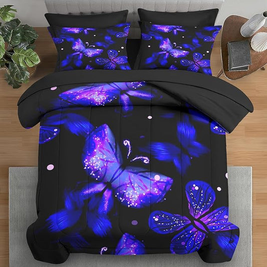 Comforter Set King Size, Purple Blue Galaxy 7 Pcs Bedding for Kids and Adults, Butterfly Flower Summer Bed Sheet Sets with Fitted Sheet 2 Pillowcases & 2 Shams for Bedroom Bed Decor
