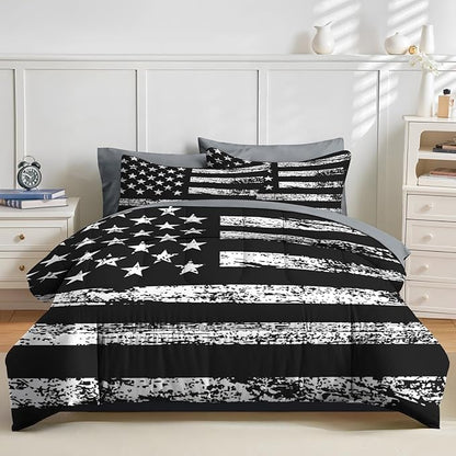 Nesker 7 Pcs Comforter Set Full Size, Black White USA American Flag Bedding Set for Kids and Adults, Vintage Stars Stripes Flags Boys Bed Sheet Sets with Fitted Sheet 2 Pillowcases & 2 Shams