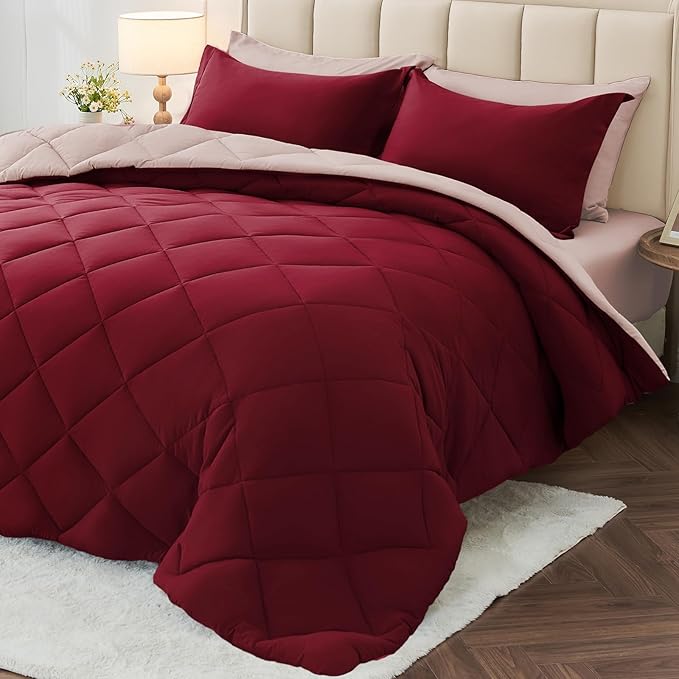 MUXHOMO 7 Pieces Queen Comforter Set, Reversible Bed in a Bag Queen Size, All Season Bedding Set with Comforter, Flat Sheet, Fitted Sheet, Pillowcases & Shams, Burgundy & Rose Gold