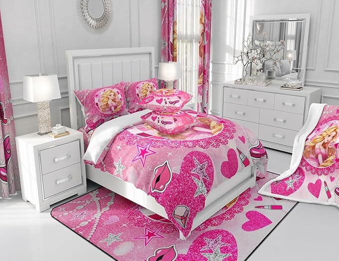 Castle Princess Kids Comforter Set Queen Size,High-heeled Shoes Lip Bowknot Fashion Bedding Set,Girls Women Room Decor,Glitter Stars Sequins Down Comforter,Pink Romantic Duvet Insert,2 Pillowcases