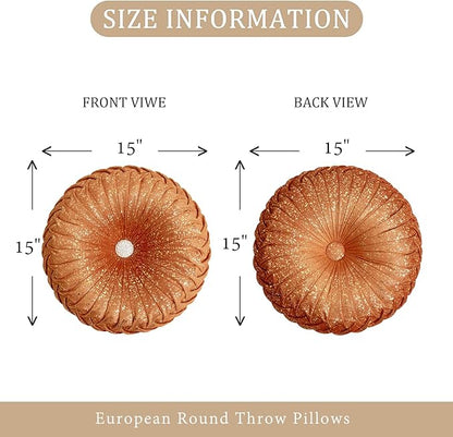 EUCIOR Round Throw Pillows,Orange and Gold Throw Pillow,Soft Spandex Fabric,Pumpkin Pleated Handmade Orange Round Velvet Decorative Pillow for Sofa Bedroom Livingroom