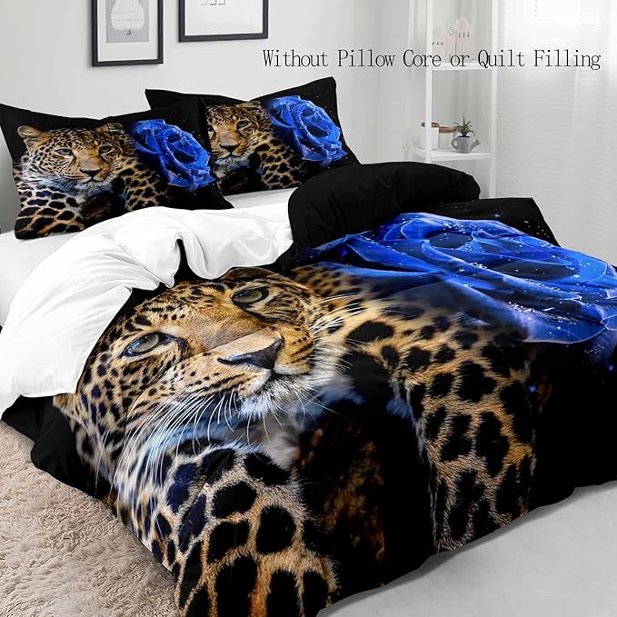 LUVIVIHOME 2PCS Leopard Duvet Cover, Twin Bedding Sets, Floral Duvet Cover, Royal Blue Rose Flower Cheetah Wild Animal Black Comforter Bedspread Quilt Cover, Romantic Gifts for Him Men, 1 Pillow Sham