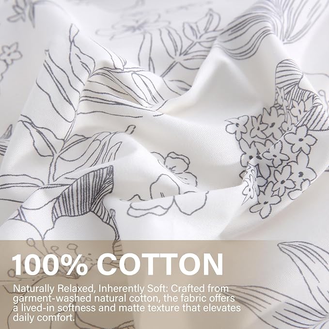 Floral Comforter Set King Size 100% Cotton Comforter Sets, Reversible Grey Floral Comforters Lightweight All Season Farmhouse Bedding with Matching Pillowcases