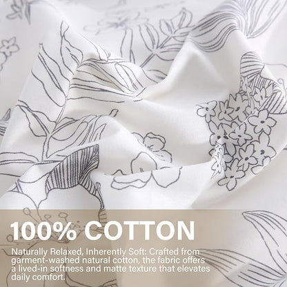 Floral Comforter Set King Size 100% Cotton Comforter Sets, Reversible Grey Floral Comforters Lightweight All Season Farmhouse Bedding with Matching Pillowcases