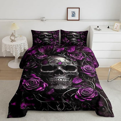 Erosebridal Adults Gothic Comforter Set Bohemian Boho Goth Bedding Full Size Vintage Skull Bed Sets Violet Red Rose Baroque Victorian Romantic Rose Duvet Insert,Halloween Gothic Bedroom Decor