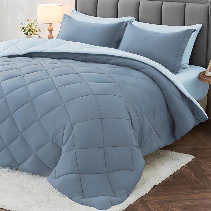 MUXHOMO 5 Pieces Twin Comforter Set, Reversible Bed in a Bag Twin Size, All Season Bedding Set with Comforter, Flat Sheet, Fitted Sheet, Pillowcases & Shams, Mineral Blue & Light Blue