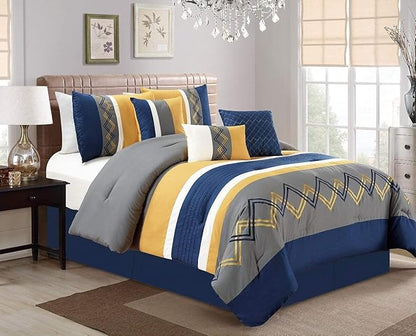 Chezmoi Collection Arden 7-Piece Modern Pleated Stripe Embroidered Zigzag Bedding Comforter Set (Full, Navy/Gray/Yellow/White)