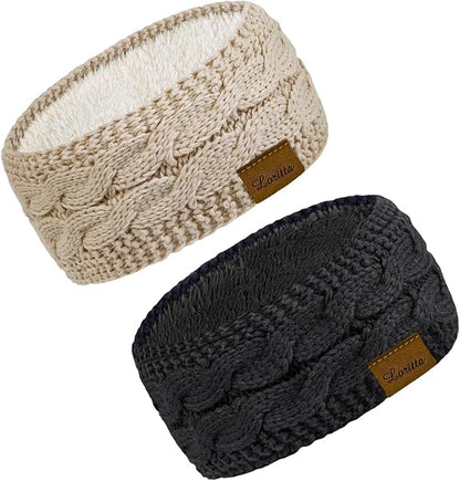 Loritta 2 Pack Headbands for Women Winter Warm Cable Knit Ear Warmer Thick Head Wrap Fuzzy Fleece Lined Gifts