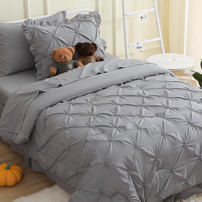 JOLLYVOGUE Gray Bed in a Bag Comforter Set for Bedroom, Pintuck Twin Size Comforter Sets 5 Pieces, Beddding Sets with Comforter, Sheets,Ruffled Shams & Pillowcases