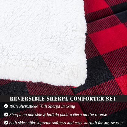 Elegant Comfort 3-Piece Buffalo Lodge-Plaid Comforter Set, Luxurious, Heavyweight, All Season, Down Alternative-Micromink Sherpa-Backing Reversible Micro-Suede, Soft and Plush, Queen, Burgundy/Black