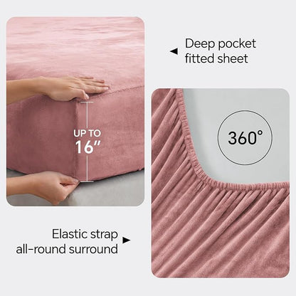 BEDELITE Flannel Sheets Full Size Dusty Pink - Super Soft Fleece Sheets Set Fluffy Extra Plush, 4 Piece(Include Fitted Sheet, Flat Sheet, 2 Pillowcases)