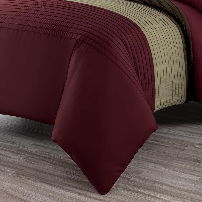 Chezmoi Collection Briar 7-Piece California King Bed in a Bag - All Season Lightweight Microfiber Comforter Set - Includes Sheets & Shams - Burgundy/Coffee/Brown Pleated Stripe Design